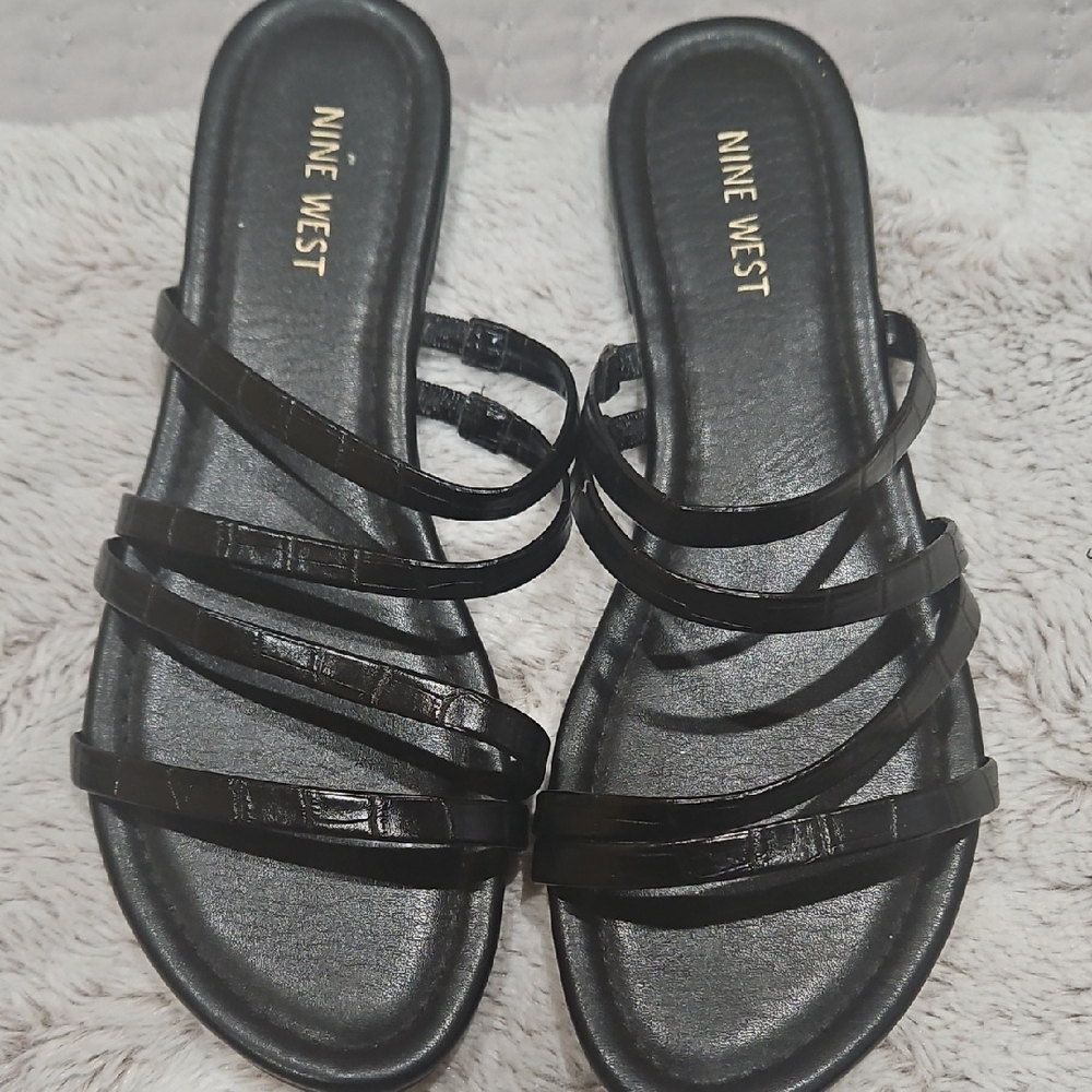 Nine West Glossy Black Slide Sandals